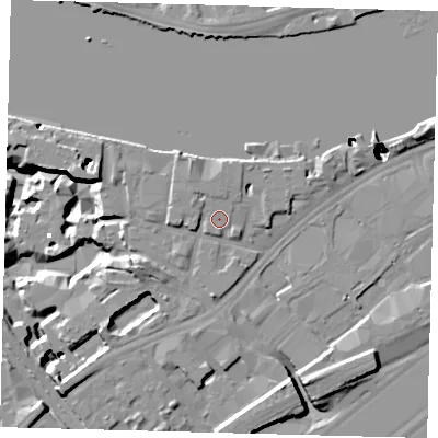 Shaded relief map of the ground around SW118BX, computed from Environment Agency LiDAR. The ground here sits at about 5 m above sea level and falls 51 m across the surrounding 800 m. Surface water reaching this point runs off ground lying to the north, 1.2 m higher.