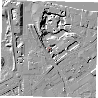 Shaded relief map of the ground around SW118DA, computed from Environment Agency LiDAR. The ground here sits at about 1 m above sea level and falls 19 m across the surrounding 800 m. Surface water reaching this point runs off ground lying to the west-south-west, 8.3 m higher.