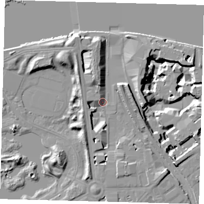 Shaded relief map of the ground around SW118NG, computed from Environment Agency LiDAR. The ground here sits at about 5 m above sea level and falls 19 m across the surrounding 800 m. Surface water reaching this point runs off ground lying to the north-north-west, 7.4 m higher.