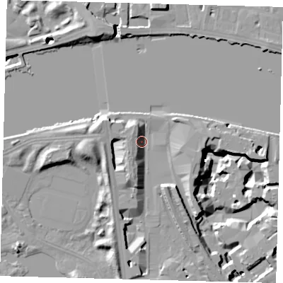 Shaded relief map of the ground around SW118NN, computed from Environment Agency LiDAR. The ground here sits at about 5 m above sea level and falls 19 m across the surrounding 800 m. Surface water reaching this point runs off ground lying to the south-south-west, 7.1 m higher.