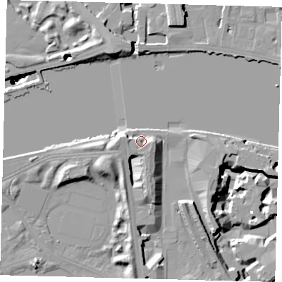 Shaded relief map of the ground around SW118NZ, computed from Environment Agency LiDAR. The ground here sits at about 8 m above sea level and falls 52 m across the surrounding 800 m. Surface water reaching this point runs off ground lying to the west, 5.2 m higher.