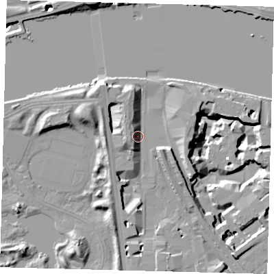 Shaded relief map of the ground around SW118PL, computed from Environment Agency LiDAR. The ground here sits at about 6 m above sea level and falls 19 m across the surrounding 800 m. Surface water reaching this point runs off ground lying to the west-south-west, 7.0 m higher.