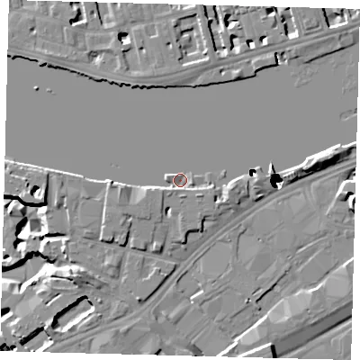 Shaded relief map of the ground around SW118PZ, computed from Environment Agency LiDAR. The ground here sits at about 4 m above sea level and falls 51 m across the surrounding 800 m. Surface water reaching this point runs off ground lying to the east, 22.2 m higher.