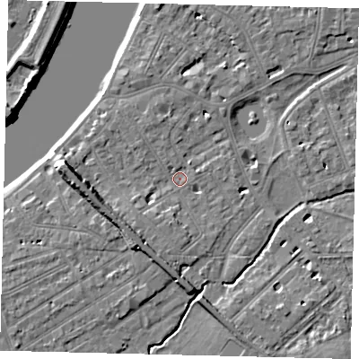 Shaded relief map of the ground around SW130AA, computed from Environment Agency LiDAR. The ground here sits at about 4 m above sea level and falls 9 m across the surrounding 800 m. Surface water reaching this point runs off ground lying to the south-west, 2.3 m higher.