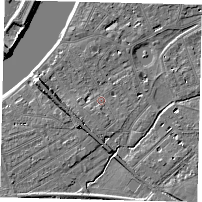 Shaded relief map of the ground around SW130AB, computed from Environment Agency LiDAR. The ground here sits at about 5 m above sea level and falls 9 m across the surrounding 800 m. Surface water reaching this point runs off ground lying to the south, 2.2 m higher.