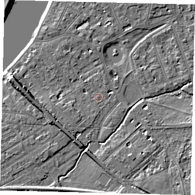 Shaded relief map of the ground around SW130AD, computed from Environment Agency LiDAR. The ground here sits at about 5 m above sea level and falls 9 m across the surrounding 800 m. Surface water reaching this point runs off ground lying to the south-west, 3.1 m higher.