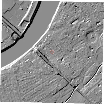 Shaded relief map of the ground around SW130AE, computed from Environment Agency LiDAR. The ground here sits at about 5 m above sea level and falls 9 m across the surrounding 800 m. Surface water reaching this point runs off ground lying to the south-west, 5.6 m higher.
