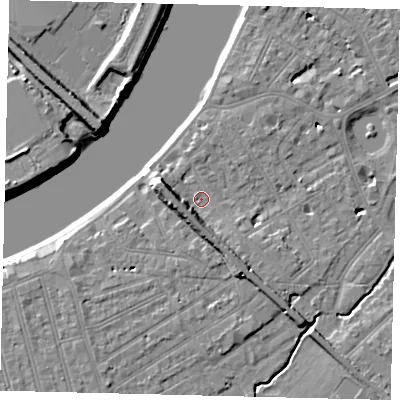 Shaded relief map of the ground around SW130AG, computed from Environment Agency LiDAR. The ground here sits at about 5 m above sea level and falls 9 m across the surrounding 800 m. Surface water reaching this point runs off ground lying to the west, 6.0 m higher.