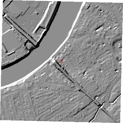 Shaded relief map of the ground around SW130AQ, computed from Environment Agency LiDAR. The ground here sits at about 5 m above sea level and falls 9 m across the surrounding 800 m. Surface water reaching this point runs off ground lying to the west-south-west, 6.4 m higher.