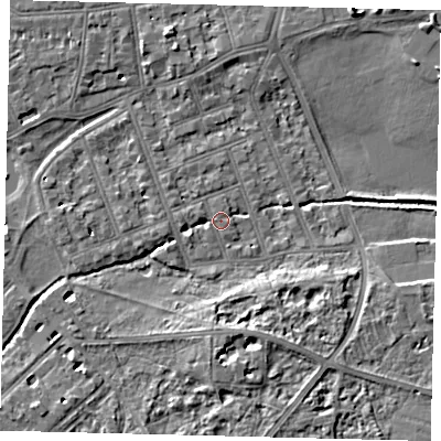 Shaded relief map of the ground around SW130BJ, computed from Environment Agency LiDAR. The ground here sits at about 4 m above sea level and falls 7 m across the surrounding 800 m. Surface water reaching this point runs off ground lying to the west, 2.0 m higher.