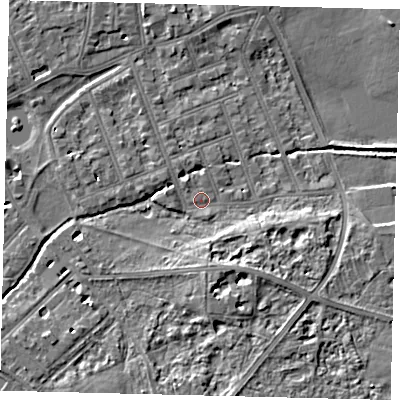 Shaded relief map of the ground around SW130BL, computed from Environment Agency LiDAR. The ground here sits at about 4 m above sea level and falls 7 m across the surrounding 800 m. Surface water reaching this point runs off ground lying to the south-east, 5.2 m higher.