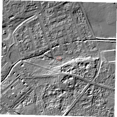 Shaded relief map of the ground around SW130BN, computed from Environment Agency LiDAR. The ground here sits at about 5 m above sea level and falls 8 m across the surrounding 800 m. Surface water reaching this point runs off ground lying to the south-east, 5.2 m higher.