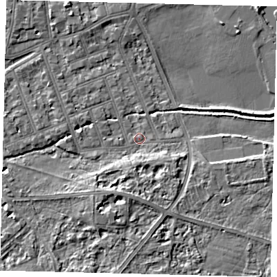 Shaded relief map of the ground around SW130BP, computed from Environment Agency LiDAR. The ground here sits at about 4 m above sea level and falls 7 m across the surrounding 800 m. Surface water reaching this point runs off ground lying to the south, 4.7 m higher.
