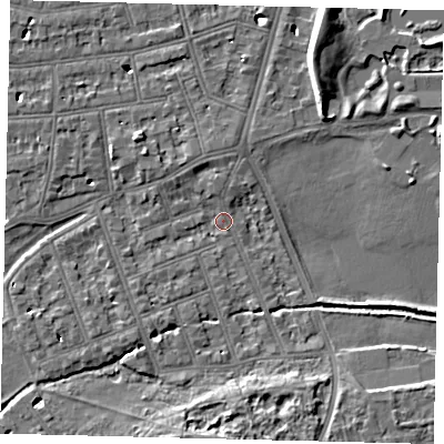 Shaded relief map of the ground around SW130BT, computed from Environment Agency LiDAR. The ground here sits at about 4 m above sea level and falls 7 m across the surrounding 800 m. Surface water reaching this point runs off ground lying to the north, 2.4 m higher.