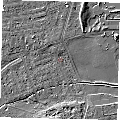 Shaded relief map of the ground around SW130BU, computed from Environment Agency LiDAR. The ground here sits at about 4 m above sea level and falls 8 m across the surrounding 800 m. Surface water reaching this point runs off ground lying to the north, 2.5 m higher.