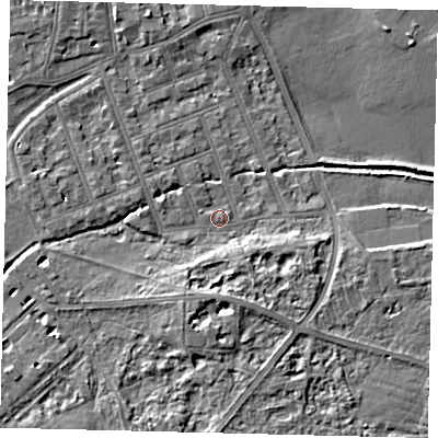 Shaded relief map of the ground around SW130BW, computed from Environment Agency LiDAR. The ground here sits at about 4 m above sea level and falls 7 m across the surrounding 800 m. Surface water reaching this point runs off ground lying to the south-south-east, 5.2 m higher.