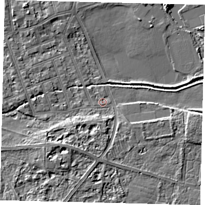Shaded relief map of the ground around SW130BY, computed from Environment Agency LiDAR. The ground here sits at about 4 m above sea level and falls 7 m across the surrounding 800 m. Surface water reaching this point runs off ground lying to the south-south-west, 4.3 m higher.