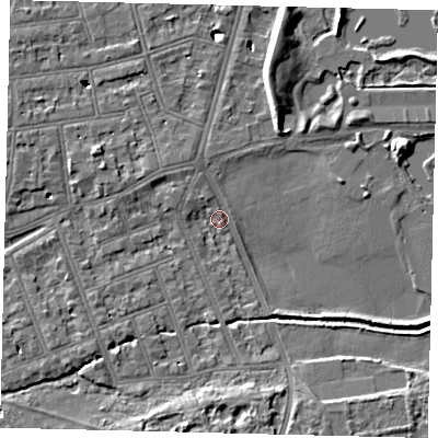 Shaded relief map of the ground around SW130DB, computed from Environment Agency LiDAR. The ground here sits at about 5 m above sea level and falls 8 m across the surrounding 800 m. Surface water reaching this point runs off ground lying to the north-west, 2.5 m higher.