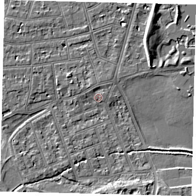 Shaded relief map of the ground around SW130DD, computed from Environment Agency LiDAR. The ground here sits at about 5 m above sea level and falls 7 m across the surrounding 800 m. Surface water reaching this point runs off ground lying to the north-north-east, 1.4 m higher.