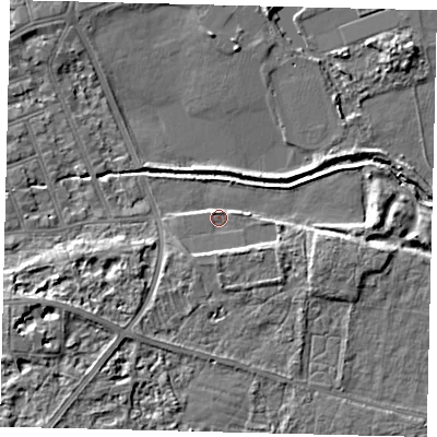 Shaded relief map of the ground around SW130DG, computed from Environment Agency LiDAR. The ground here sits at about 5 m above sea level and falls 6 m across the surrounding 800 m. Surface water reaching this point runs off ground lying to the south, 3.6 m higher.