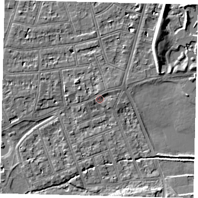 Shaded relief map of the ground around SW130DQ, computed from Environment Agency LiDAR. The ground here sits at about 5 m above sea level and falls 7 m across the surrounding 800 m. Surface water reaching this point runs off ground lying to the north-east, 1.2 m higher.