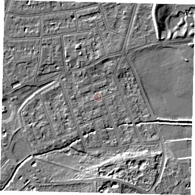 Shaded relief map of the ground around SW130DS, computed from Environment Agency LiDAR. The ground here sits at about 4 m above sea level and falls 7 m across the surrounding 800 m. Surface water reaching this point runs off ground lying to the south-west, 1.2 m higher.