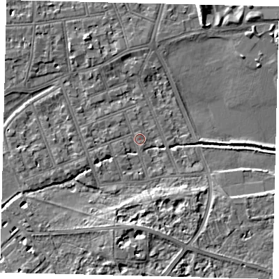 Shaded relief map of the ground around SW130DT, computed from Environment Agency LiDAR. The ground here sits at about 4 m above sea level and falls 7 m across the surrounding 800 m. Surface water reaching this point runs off ground lying to the west, 1.7 m higher.