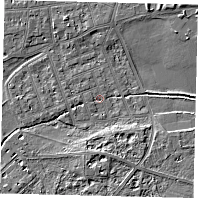 Shaded relief map of the ground around SW130DU, computed from Environment Agency LiDAR. The ground here sits at about 4 m above sea level and falls 7 m across the surrounding 800 m. Surface water reaching this point runs off ground lying to the west, 1.6 m higher.