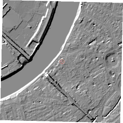 Shaded relief map of the ground around SW130DW, computed from Environment Agency LiDAR. The ground here sits at about 5 m above sea level and falls 9 m across the surrounding 800 m. Surface water reaching this point runs off ground lying to the south-east, 1.1 m higher.