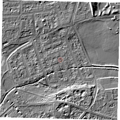 Shaded relief map of the ground around SW130DX, computed from Environment Agency LiDAR. The ground here sits at about 4 m above sea level and falls 7 m across the surrounding 800 m. Surface water reaching this point runs off ground lying to the west-south-west, 1.7 m higher.