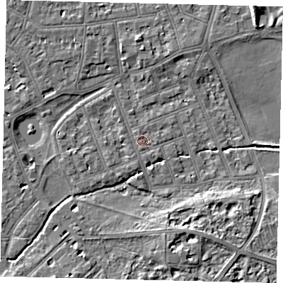 Shaded relief map of the ground around SW130DZ, computed from Environment Agency LiDAR. The ground here sits at about 5 m above sea level and falls 7 m across the surrounding 800 m. Surface water reaching this point runs off ground lying to the north-west, 1.1 m higher.