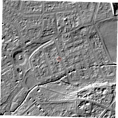 Shaded relief map of the ground around SW130EA, computed from Environment Agency LiDAR. The ground here sits at about 5 m above sea level and falls 7 m across the surrounding 800 m. Surface water reaching this point runs off ground lying to the south-south-west, 1.7 m higher.