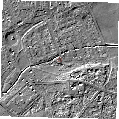 Shaded relief map of the ground around SW130ED, computed from Environment Agency LiDAR. The ground here sits at about 5 m above sea level and falls 7 m across the surrounding 800 m. Surface water reaching this point runs off ground lying to the north-east, 2.0 m higher.
