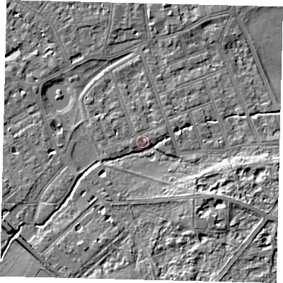 Shaded relief map of the ground around SW130EE, computed from Environment Agency LiDAR. The ground here sits at about 5 m above sea level and falls 7 m across the surrounding 800 m. Surface water reaching this point runs off ground lying to the south-east, 6.6 m higher.