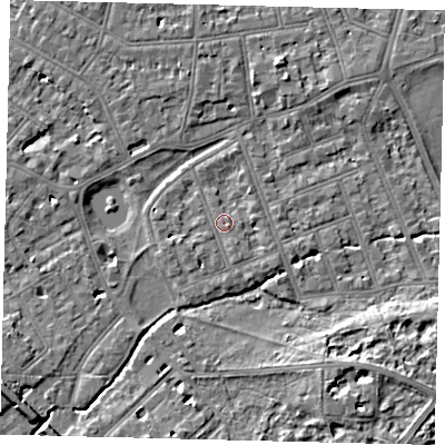 Shaded relief map of the ground around SW130EF, computed from Environment Agency LiDAR. The ground here sits at about 5 m above sea level and falls 7 m across the surrounding 800 m. Surface water reaching this point runs off ground lying to the east-south-east, 1.8 m higher.