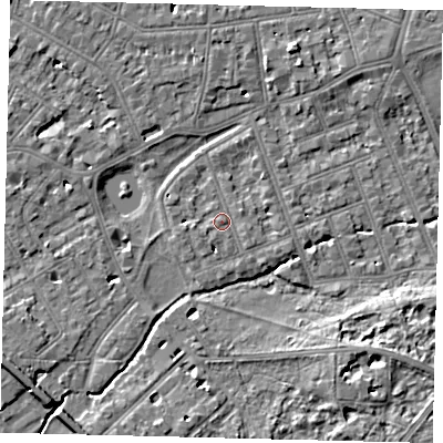 Shaded relief map of the ground around SW130EG, computed from Environment Agency LiDAR. The ground here sits at about 5 m above sea level and falls 7 m across the surrounding 800 m. Surface water reaching this point runs off ground lying to the east-north-east, 0.9 m higher.
