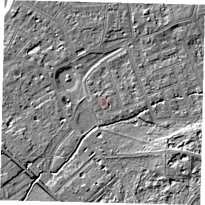 Shaded relief map of the ground around SW130EH, computed from Environment Agency LiDAR. The ground here sits at about 5 m above sea level and falls 8 m across the surrounding 800 m. Surface water reaching this point runs off ground lying to the north-north-west, 1.1 m higher.