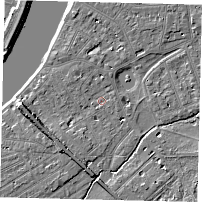 Shaded relief map of the ground around SW130ER, computed from Environment Agency LiDAR. The ground here sits at about 4 m above sea level and falls 9 m across the surrounding 800 m. Surface water reaching this point runs off ground lying to the west-south-west, 1.3 m higher.