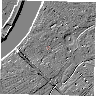 Shaded relief map of the ground around SW130ES, computed from Environment Agency LiDAR. The ground here sits at about 5 m above sea level and falls 9 m across the surrounding 800 m. Surface water reaching this point runs off ground lying to the south, 2.9 m higher.