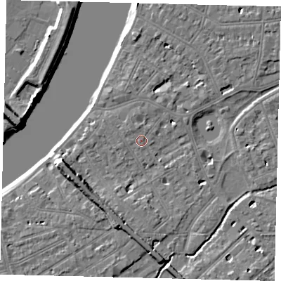 Shaded relief map of the ground around SW130EU, computed from Environment Agency LiDAR. The ground here sits at about 5 m above sea level and falls 9 m across the surrounding 800 m. Surface water reaching this point runs off ground lying to the north, 1.1 m higher.