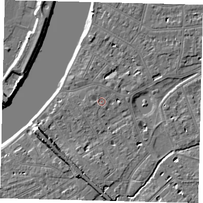 Shaded relief map of the ground around SW130EX, computed from Environment Agency LiDAR. The ground here sits at about 5 m above sea level and falls 9 m across the surrounding 800 m. Surface water reaching this point runs off ground lying to the west-north-west, 1.1 m higher.