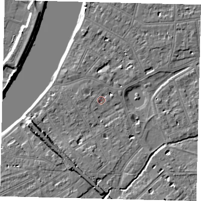 Shaded relief map of the ground around SW130EY, computed from Environment Agency LiDAR. The ground here sits at about 5 m above sea level and falls 9 m across the surrounding 800 m. Surface water reaching this point runs off ground lying to the south, 4.5 m higher.