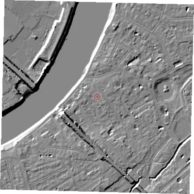 Shaded relief map of the ground around SW130HA, computed from Environment Agency LiDAR. The ground here sits at about 5 m above sea level and falls 9 m across the surrounding 800 m. Surface water reaching this point runs off ground lying to the west, 0.8 m higher.