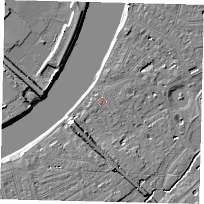 Shaded relief map of the ground around SW130HB, computed from Environment Agency LiDAR. The ground here sits at about 5 m above sea level and falls 9 m across the surrounding 800 m. The ground contributing surface water to this point lies to the west-south-west.