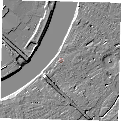 Shaded relief map of the ground around SW130HD, computed from Environment Agency LiDAR. The ground here sits at about 5 m above sea level and falls 9 m across the surrounding 800 m. Surface water reaching this point runs off ground lying to the south-south-east, 0.9 m higher.