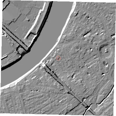 Shaded relief map of the ground around SW130HE, computed from Environment Agency LiDAR. The ground here sits at about 5 m above sea level and falls 9 m across the surrounding 800 m. Surface water reaching this point runs off ground lying to the east-north-east, 1.0 m higher.
