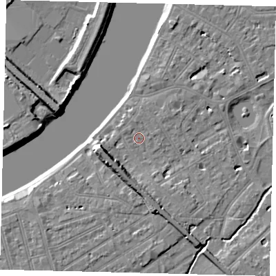 Shaded relief map of the ground around SW130HF, computed from Environment Agency LiDAR. The ground here sits at about 5 m above sea level and falls 9 m across the surrounding 800 m. Surface water reaching this point runs off ground lying to the south-south-east, 1.7 m higher.