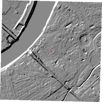 Shaded relief map of the ground around SW130HG, computed from Environment Agency LiDAR. The ground here sits at about 5 m above sea level and falls 9 m across the surrounding 800 m. Surface water reaching this point runs off ground lying to the south, 1.8 m higher.