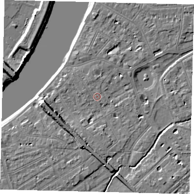 Shaded relief map of the ground around SW130HH, computed from Environment Agency LiDAR. The ground here sits at about 5 m above sea level and falls 9 m across the surrounding 800 m. Surface water reaching this point runs off ground lying to the north-north-west, 1.0 m higher.