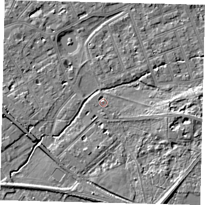 Shaded relief map of the ground around SW130HP, computed from Environment Agency LiDAR. The ground here sits at about 5 m above sea level and falls 10 m across the surrounding 800 m. Surface water reaching this point runs off ground lying to the east, 5.8 m higher.